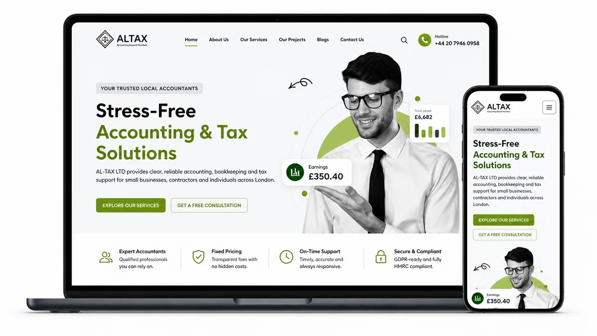 Custom WordPress Website for UK Accounting Firm (AL-TAX LTD) responsive website mockup